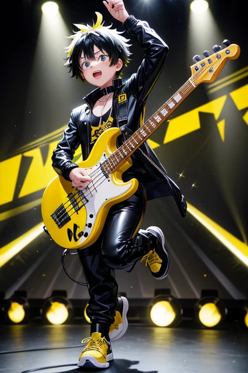 Rody Soul from My Hero Academia bad boy pop Star rock clothing black jacket with yellow rays black latex pants black tennis shoes with yellow rays print holding a yellow and black electric bass while singing in a background of a stage with multiple musical notes horse with yellow locks