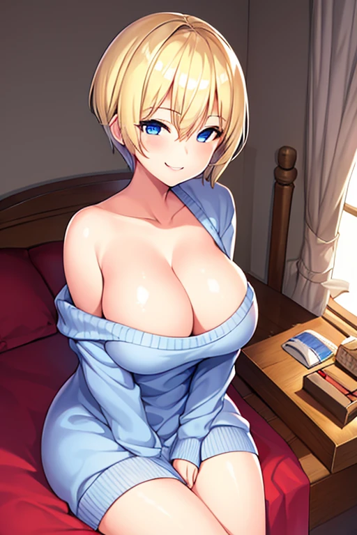 1girl, , ,  legs, thick thighs, blue eyes, bed, sweater, white sweater, blonde hair, very short hair, pixie cut, tomboy, smile, cleavage, sitting, smirk, smug