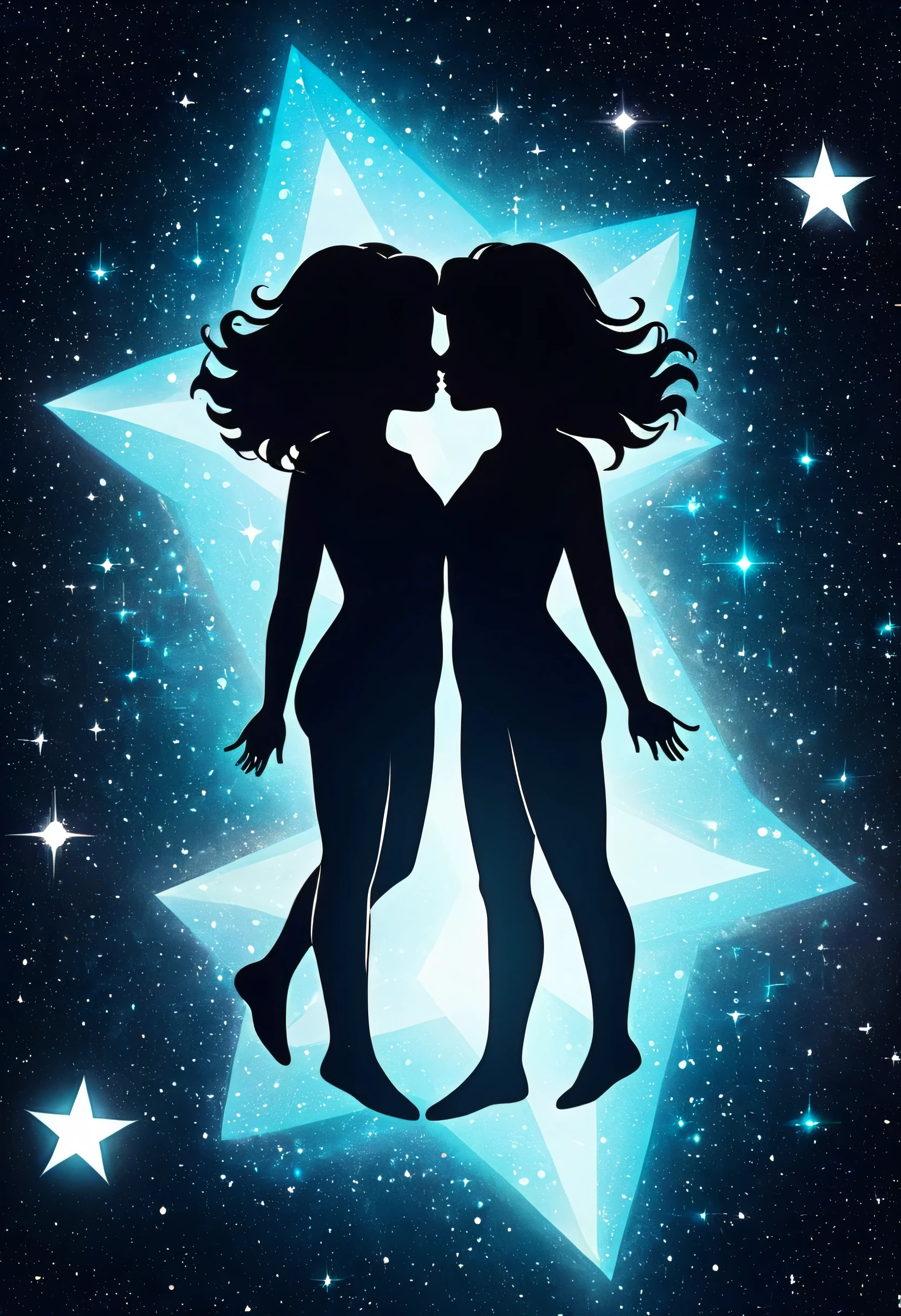a Gemini stylized symbol ((silhouette)) formed by bright stars. Cosmic background