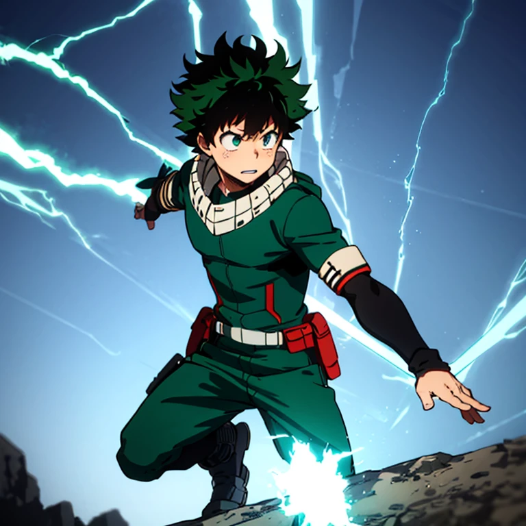 Izuku, standing on a hill looking into the distance, using full cowl, green lightning arcs around him, regular costume,