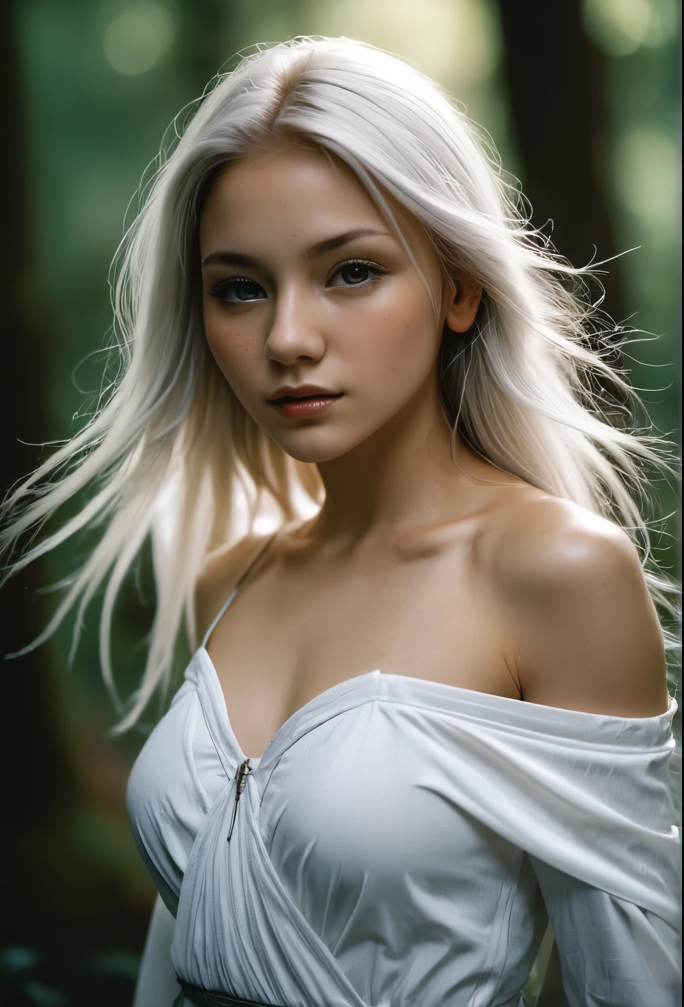 1girl,18yo,elf, extremely long white hair, light grey eyes, (pointed ears:1.3),

hyperrealistic,masterpiece,trending on artstation,chiaroscuro,analog film,intense detail,
photograph by Steve McCurry using Nikon FM2 camera and Nikkor 105mm Ai-S F2.5 lens using Kodachrome 64, professional photoshoot, national geographic photo,

Inside a forest, dynamic pose, dark background,
Revealing white dress, dynamic pose, transparent floor-length dress,circlet, 
off shoulder, nip slip 