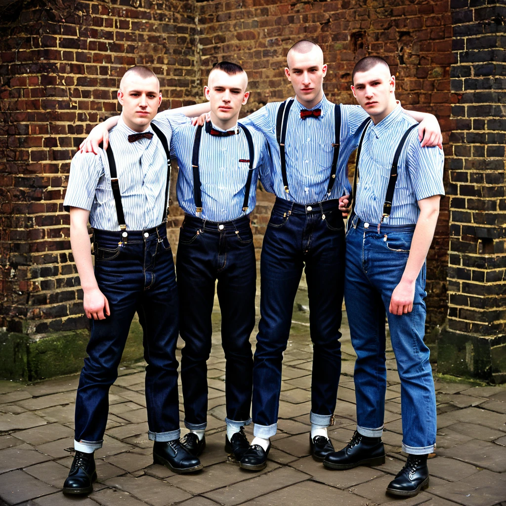skinheads wear Ben Sherman shirts and suspenders wearing jeans and Doc Marten shoes