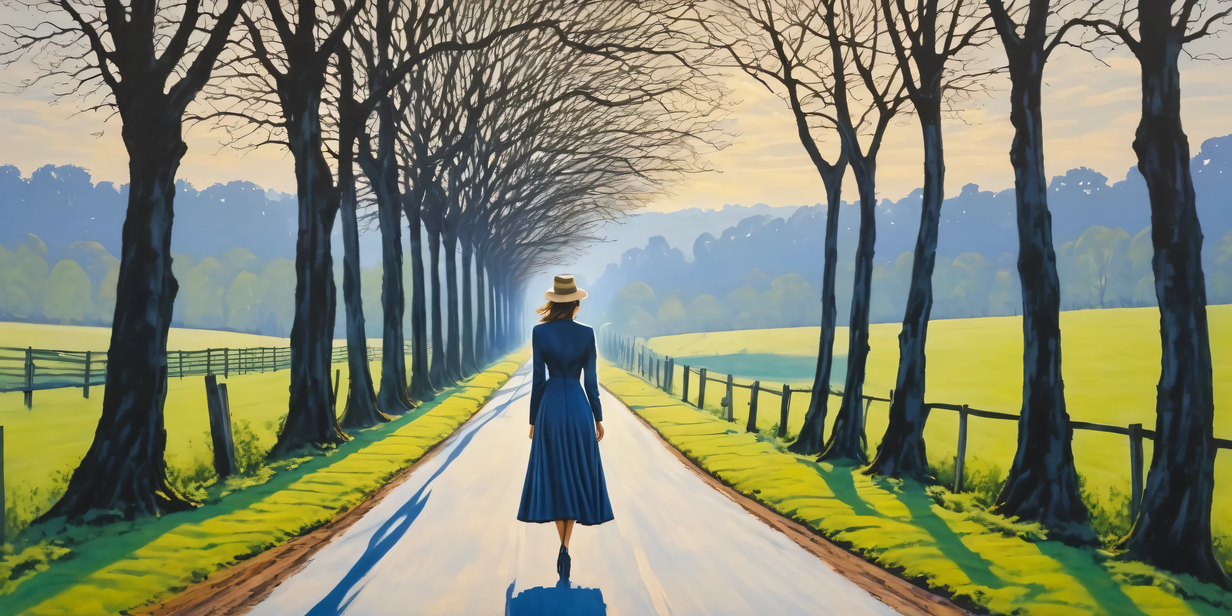 elegant lady walking in a country road with lines of trees at both sides, rear view, acrylic