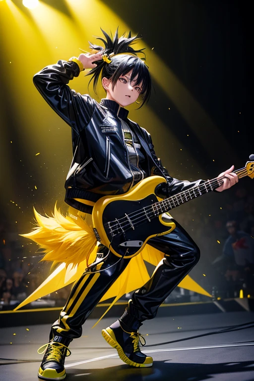Rody Soul My Hero Academia bad boy pop Star rock clothing black jacket with yellow rays black latex pants black tennis shoes with yellow rays print holding a yellow and black electric bass while singing in a background of a stage with multiple musical notes horse with tufts yellow