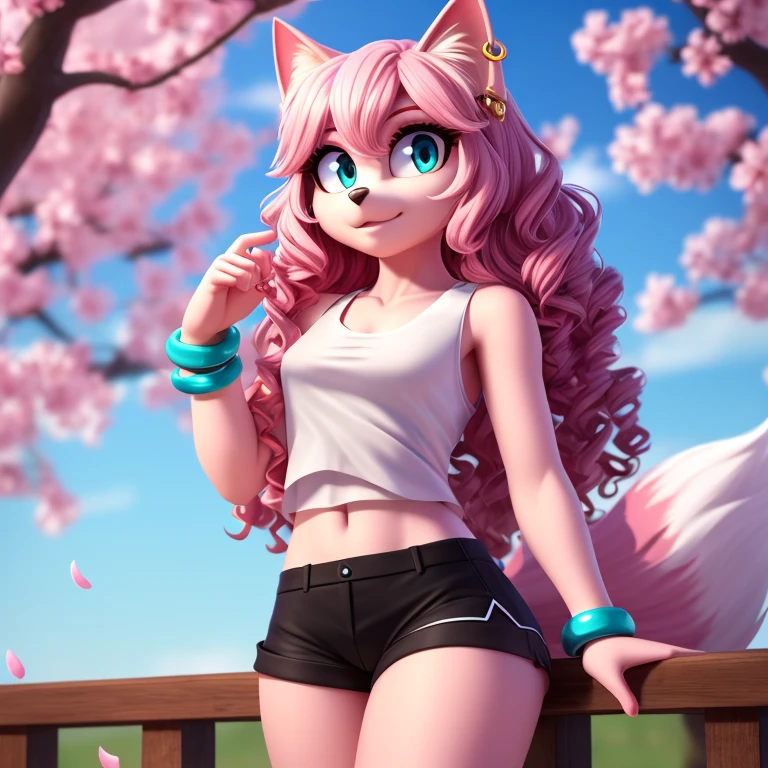 1girl, light pink fur, cat, long pink curly hair, masterpiece, (white tank top:1.4), bra straps, 4k, black shorts, purple wrist rings, turquoise eyes, earrings, fluffy tail, cherry blossoms