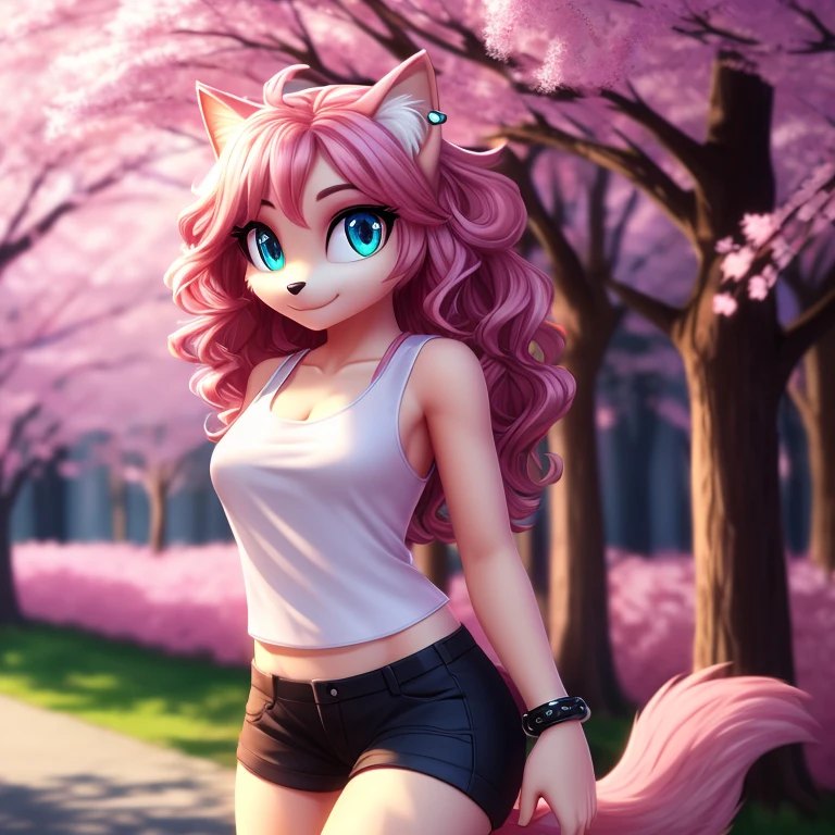 1girl, light pink fur, cat, long pink curly hair, masterpiece, (white tank top:1.4), bra straps, 4k, black shorts, purple wrist rings, turquoise eyes, earrings, fluffy tail, cherry blossoms