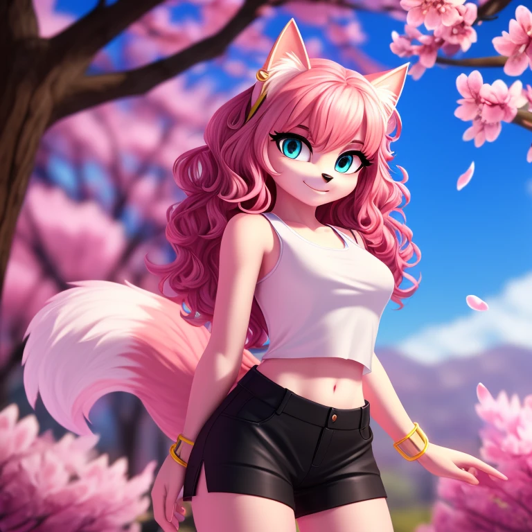 1girl, light pink fur, cat, long pink curly hair, masterpiece, (white tank top:1.4), bra straps, 4k, black shorts, purple wrist rings, turquoise eyes, earrings, fluffy tail, cherry blossoms