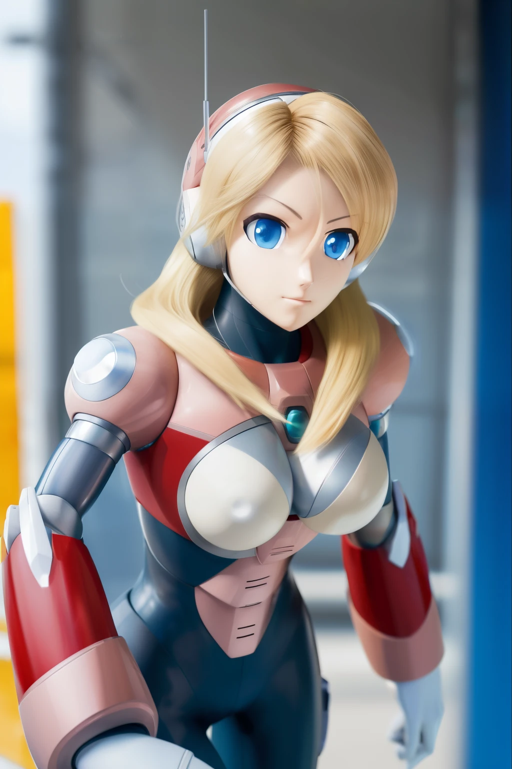 ultra detailed of a woman cyborg, 1girl, (natural skin texture, realistic eye details:1.2) alias_mega manx, alone, breasts, blue eyes, blonde hair, Android, long hair, robot ears, stand at attention, neutral stance, artwork, high quality, hypnotized, blank expression,