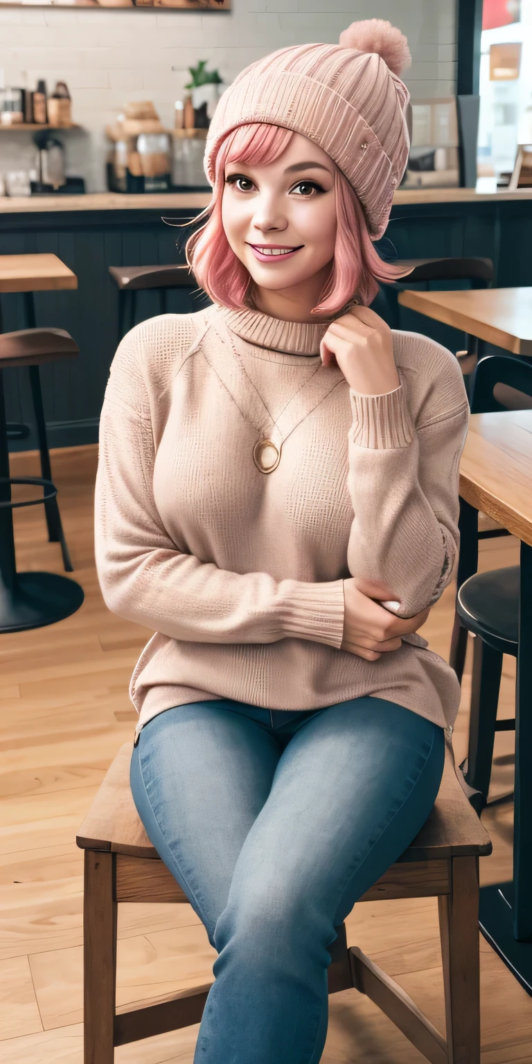 1girl, solo, Coffee shop, short pink hair, hourglass body, beanie, sweater, jeans, sitting on chair, dynamic pose, indoors, 