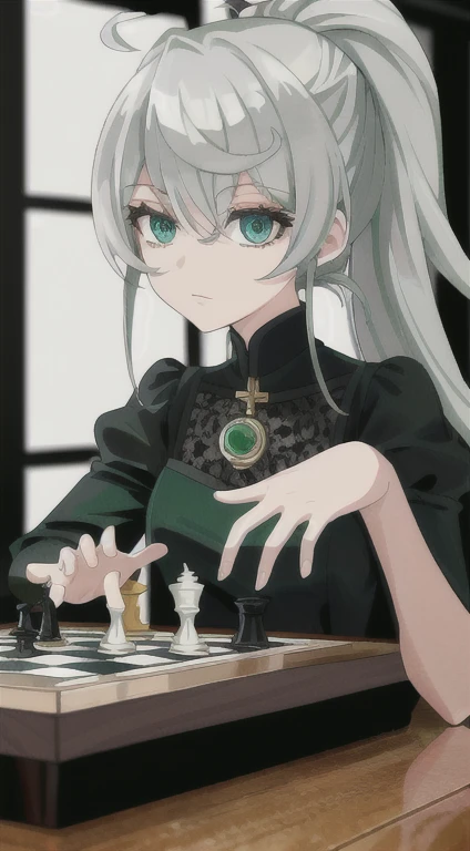 Silver-haired lady, Green eye, Black and white tiles, Playing chess,