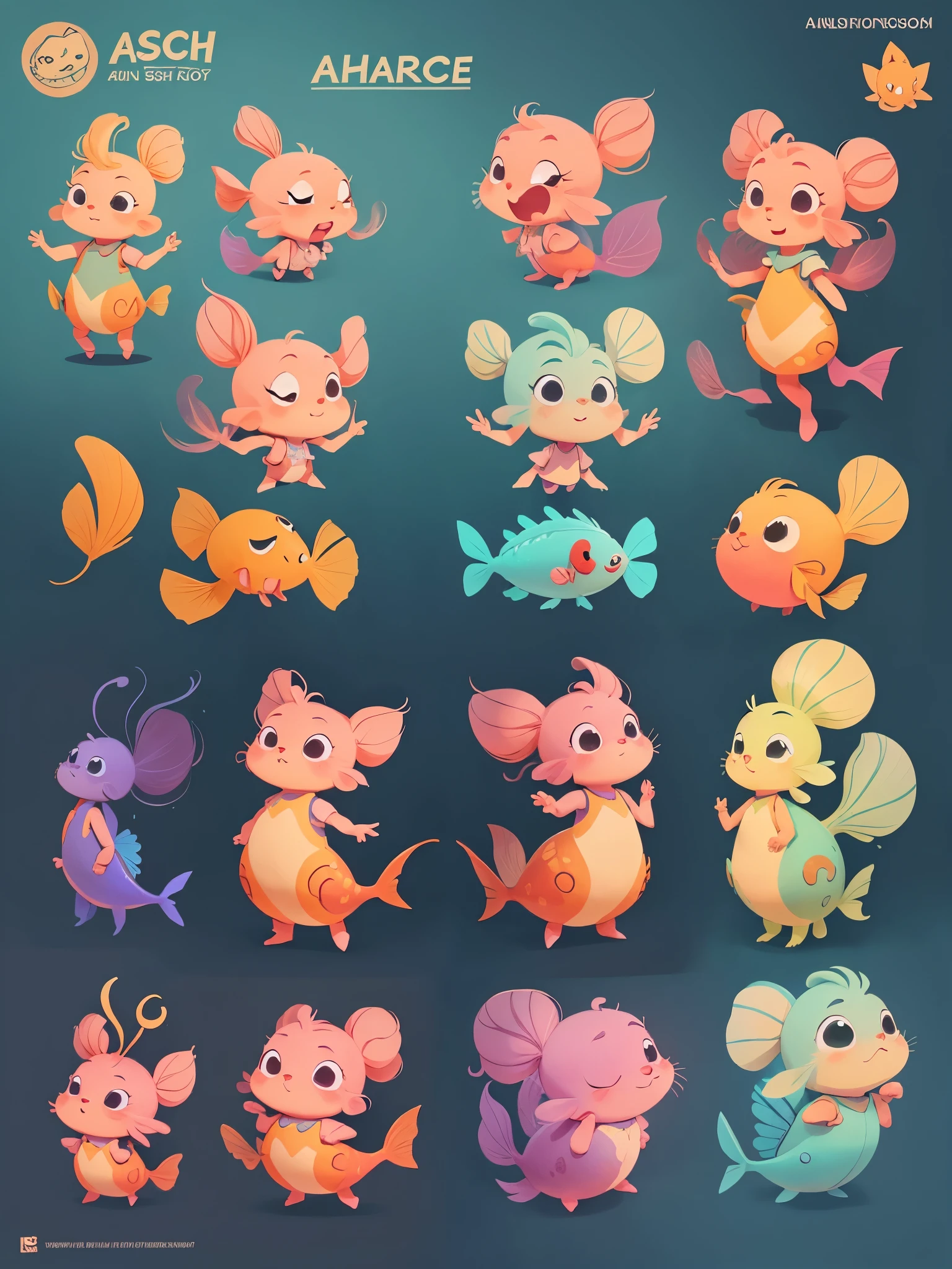 A cartoon character sheet of a magical fish,front pose, side pose, three quarter pose,full body turnaround