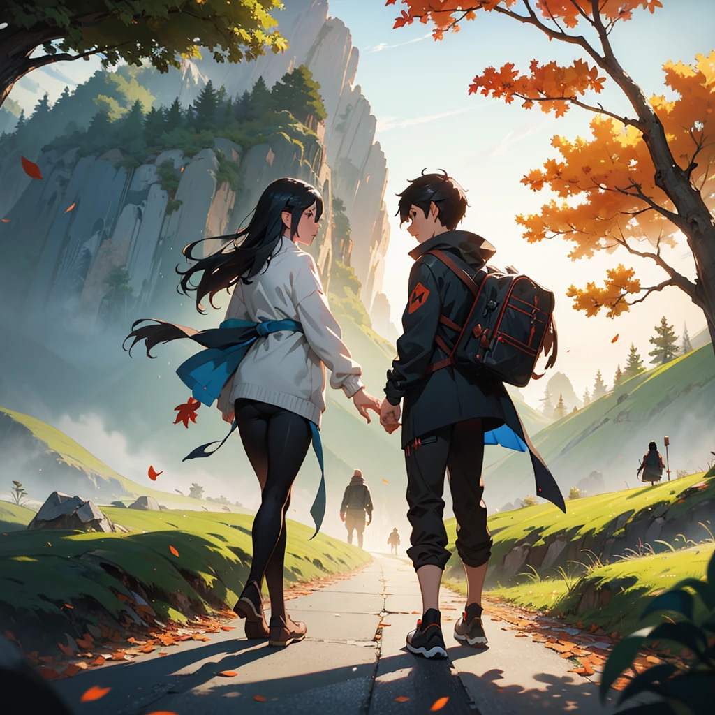 Fallen leaves on the path in the mountains, Atey Ghailan 8 K, inspired by Sylvain Sarrailh, Makoto Shinkai Cyril Rolando, concept art wallpaper 4K, digital painting concept art, Cyril Rolando and Goro Fujita, inspired by Atey Ghailan