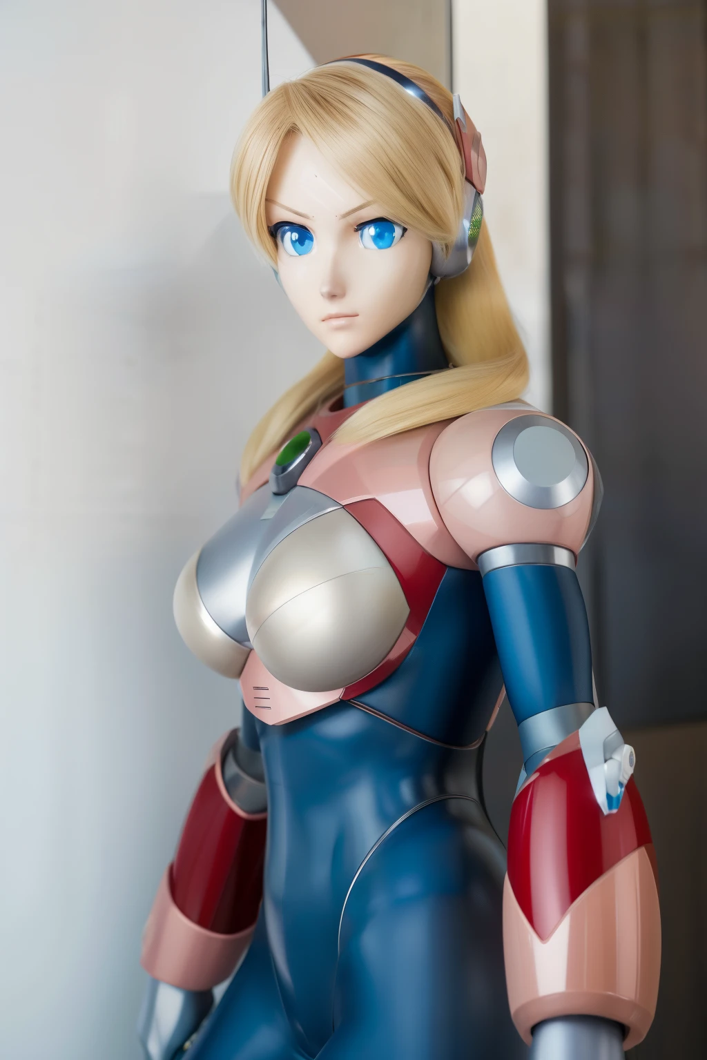 ultra detailed of a woman cyborg, 1girl, (natural skin texture, realistic eye details:1.2) alias_mega manx, alone, breasts, blue eyes, blonde hair, Android, long hair, robot ears, stand at attention, neutral stance, artwork, high quality, hypnotized, blank expression, mannequin