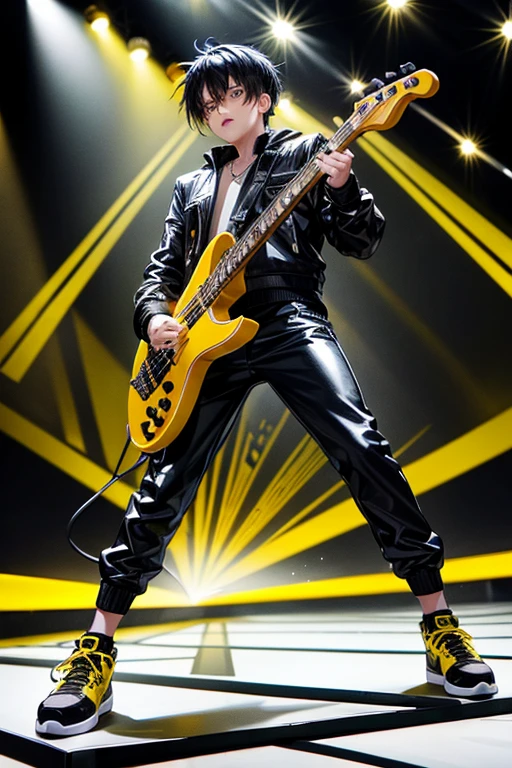 Rody Soul bnha bad boy pop Star rock clothing black jacket with yellow rays black latex pants black tennis shoes with yellow rays print holding a yellow and black electric bass while singing in a background of a stage with multiple musical notes horse with yellow tufts