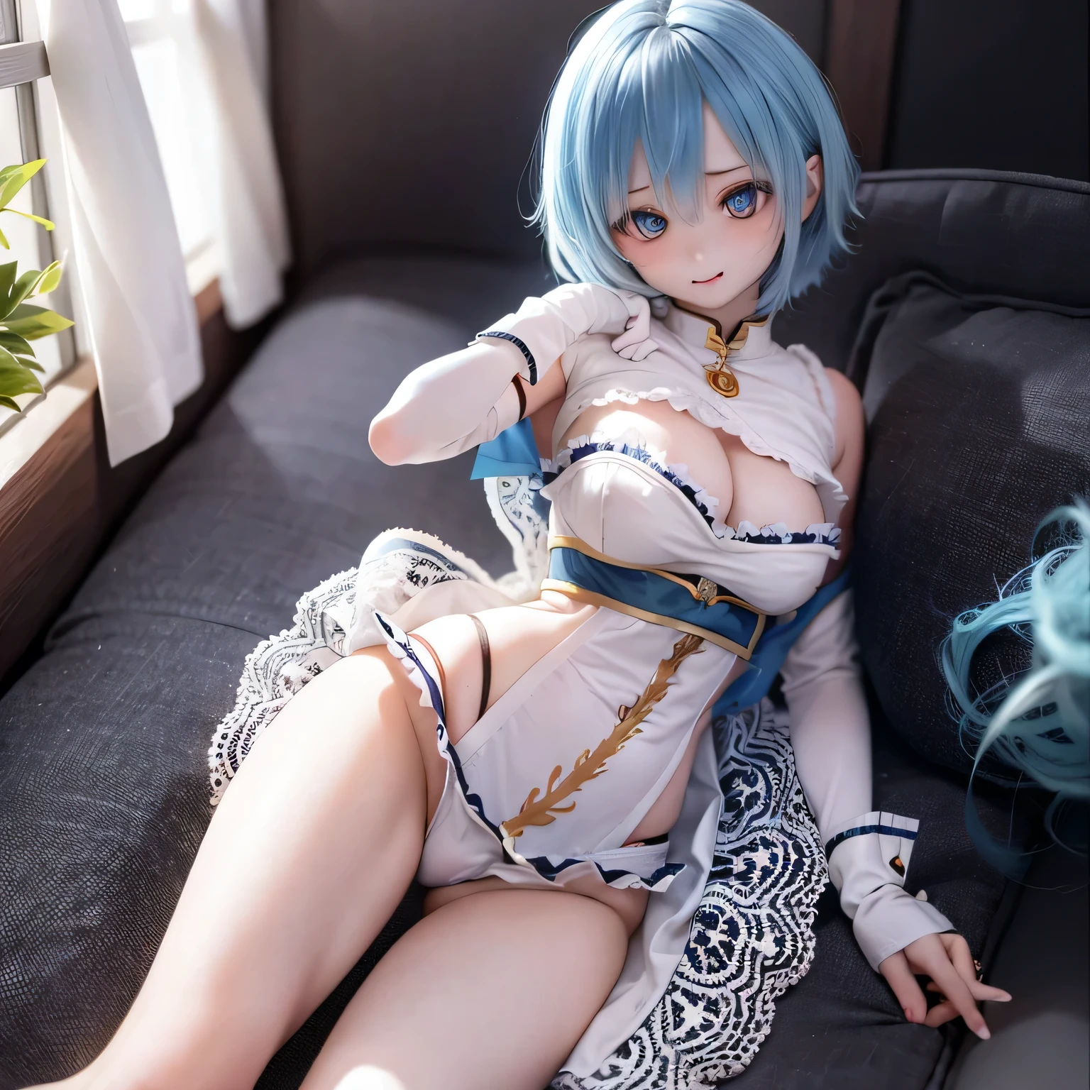 (best quality,ultra-detailed,photorealistic:1.37),tabletop,expressive eyes,perfect face,smiling,closed mouth,barefoot,blue hair,short hair,bare back,reclining,smooth nude skin of Madoka☆Magica's Miki Sayaka,sexy pose