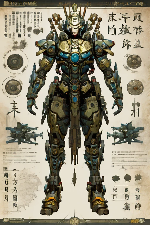 mecha, engineering map, armadura, arma, plano de tres vistas diferentes, arte conceptual experto en alto detalle,