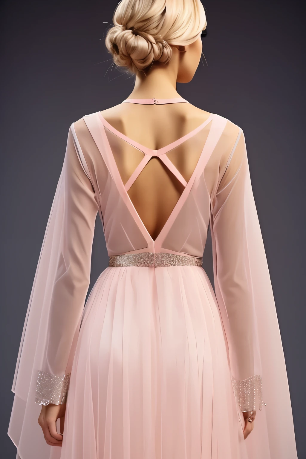 (back detail:fashion design,sketch,clothing,dress), (thin,light pink,tulle,transparent fabric),(strass:1.1),(long-sleeved), (geometric shape,fox layers),(conceptual fashion design),(transparent,see-through), (back above waist,arms),(torso),(fox face clearly shaped),(fabric fox:1.1) The fabric overlay one another to create a SIMPLE geometric fox shape with details of the eyes of the fox with the fabric