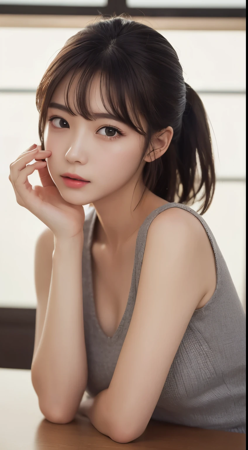small details, High resolution, high quality、Perfect dynamic composition, beautiful and delicate eyes, medium hair, 、natural color lips,Jobu Riku Cuckoo、20 year old girl、1 person、transparent skin、shining hair、on the table, 最high quality, figure, Super detailed, small details, High resolution, 8k、correct state of the human body、please strike a cute pose,ponytail,,perfect beautiful face,KPOP idol face,There is a feeling of ecstasy on the face,light gray knit dress,background blur,Randomly dressed as a female model&#39;fashion magazine