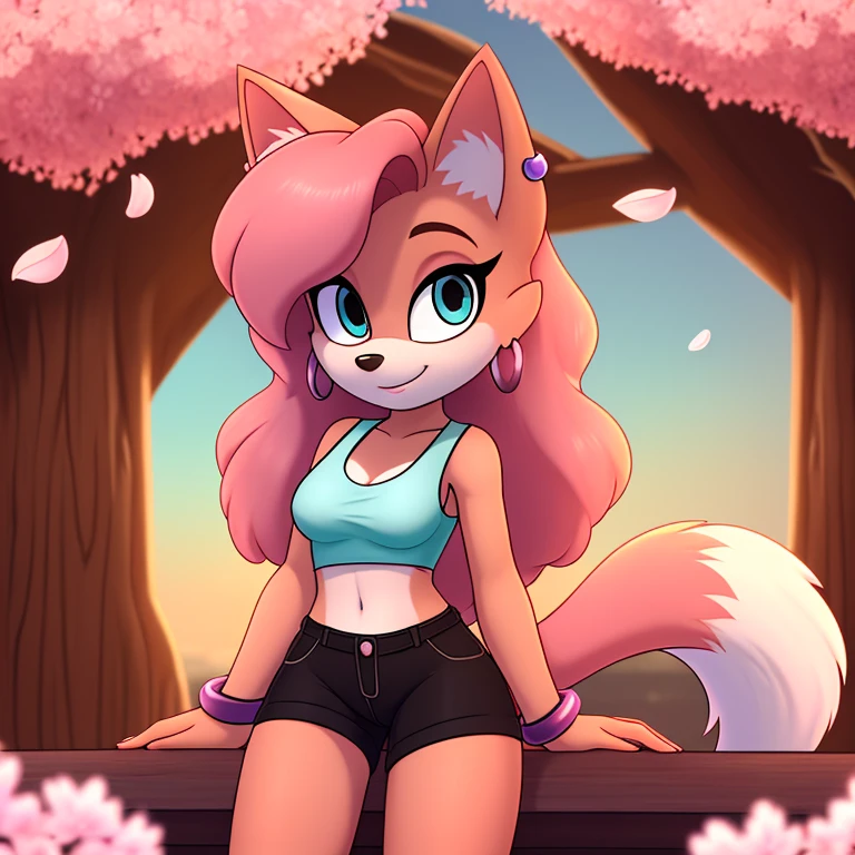 1girl, light pink fur, cat, long pink curly hair, masterpiece, (white tank top:1.4), bra straps, 4k, black shorts, purple wrist rings, turquoise eyes, earrings, fluffy tail, cherry blossoms