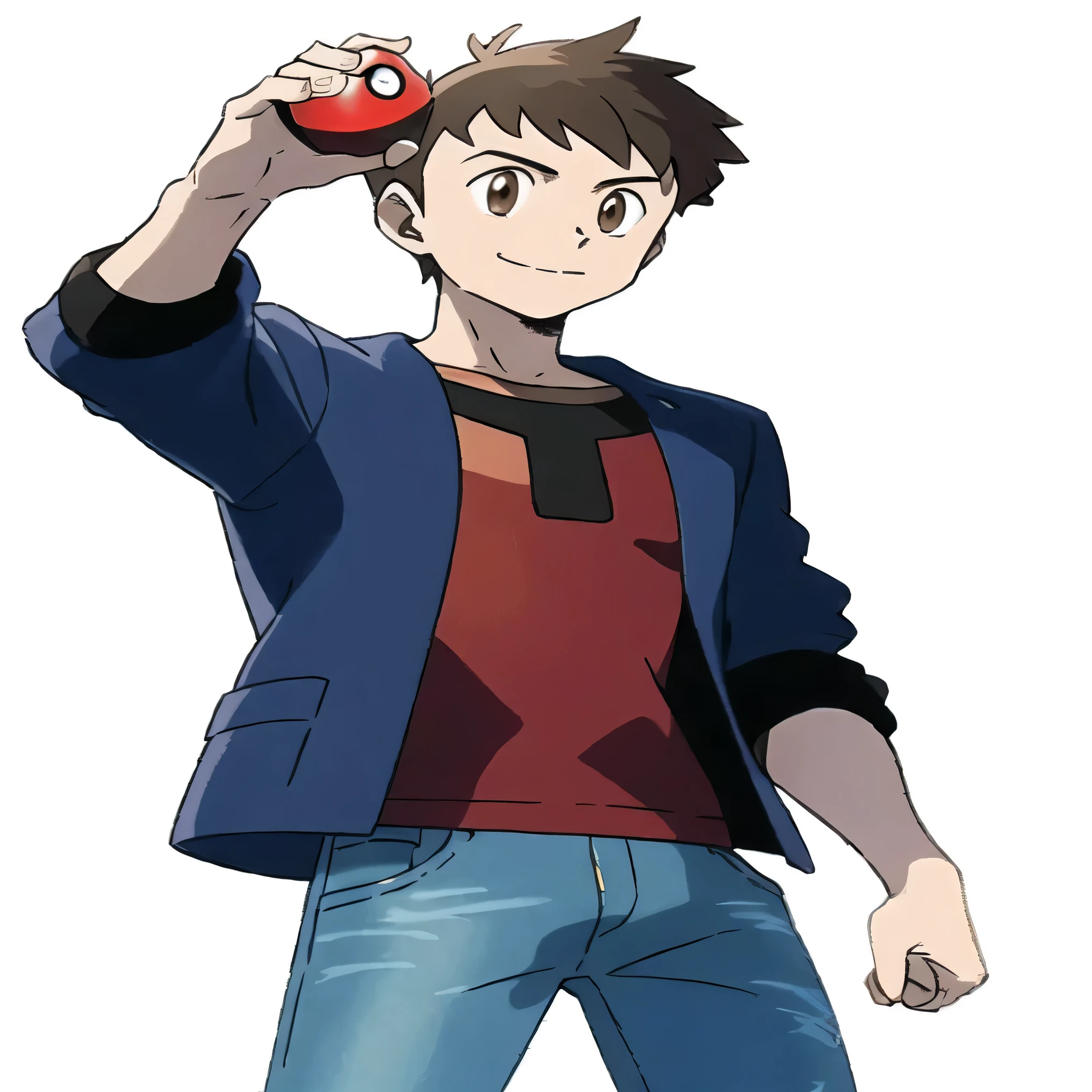 sugimori ken \(style\),masterpiece,solo,1boy,20 years-old,brown haircut,brown eyes,masterpiece,highres,best quality,happy,artwork,jeans,grey jacket denim jeans with red sweater ,short hairstyle,pokemonstyle, holding pokeball,forest background