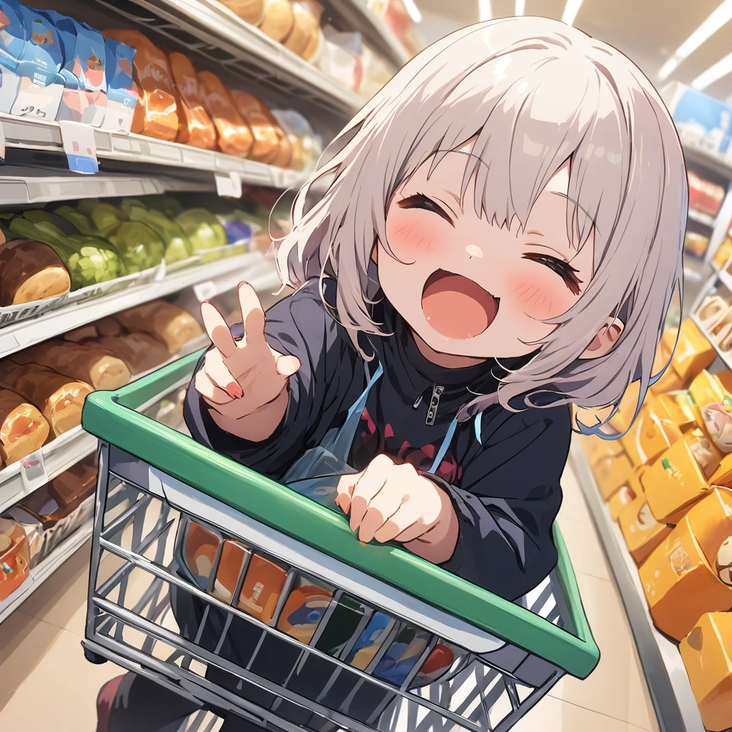 (Cute Obake:1.4)、(Little), (shopping cartにオバケが乗っている)、(shopping cart:1.2)、Shopping at the supermarket、shopping cartが自ら高速移動する、, BREAK,(highest quality、masterpiece、High resolution、detailed)、animeスタイル、Flat Style、(Enjoying expression), BREAK,extremely detailed、Fun Themes、Dynamic Angle、anime