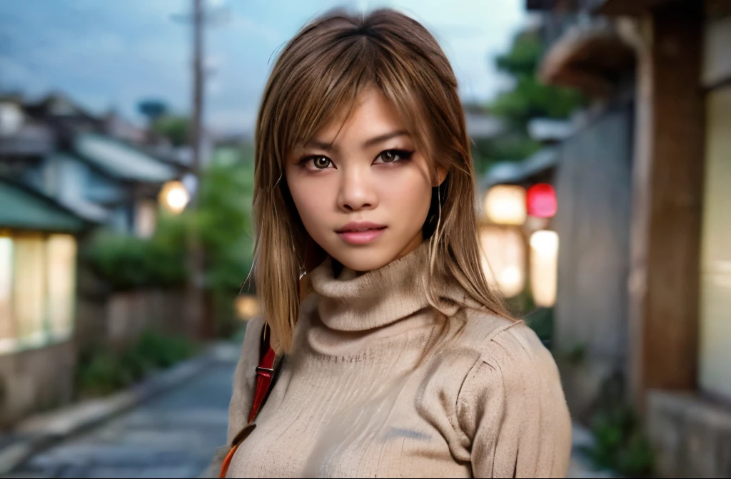 (8K, Raw photo, highest quality, masterpiece, realistic, Photoreal), (1 female), (ultimate beauty), Juku Year, highly detailed face, detailed eye, Double eyelash, eyelash, smile, (perfect teeth), lip details, brunette bob, big breasts, (long turtleneck sweater), ((brown mini skirt)), cowboy shot, Koen-dori in Tokyo, soft light, ((written boundary depth)), dynamic pose