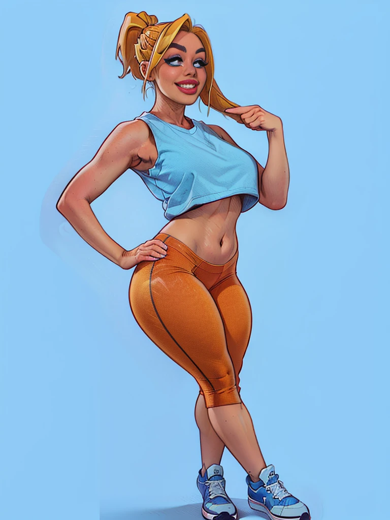 a girl, blonde hair, light blue eyes, curvy figure, smile, red lips, orange yoga pants, light blue sleeveless shirt, standing, navel, large bust, sneakers, simple background, white background, front view, wide shot, 16k, 8k, 4K, HD, 1080P, best quality, highres, high quality, high details, anatomically correct, super detail