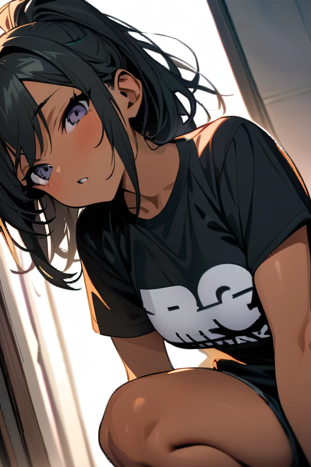 Masterpiece, best quality, beautiful girl, dark skin, T-shirt, shorts, squatting,