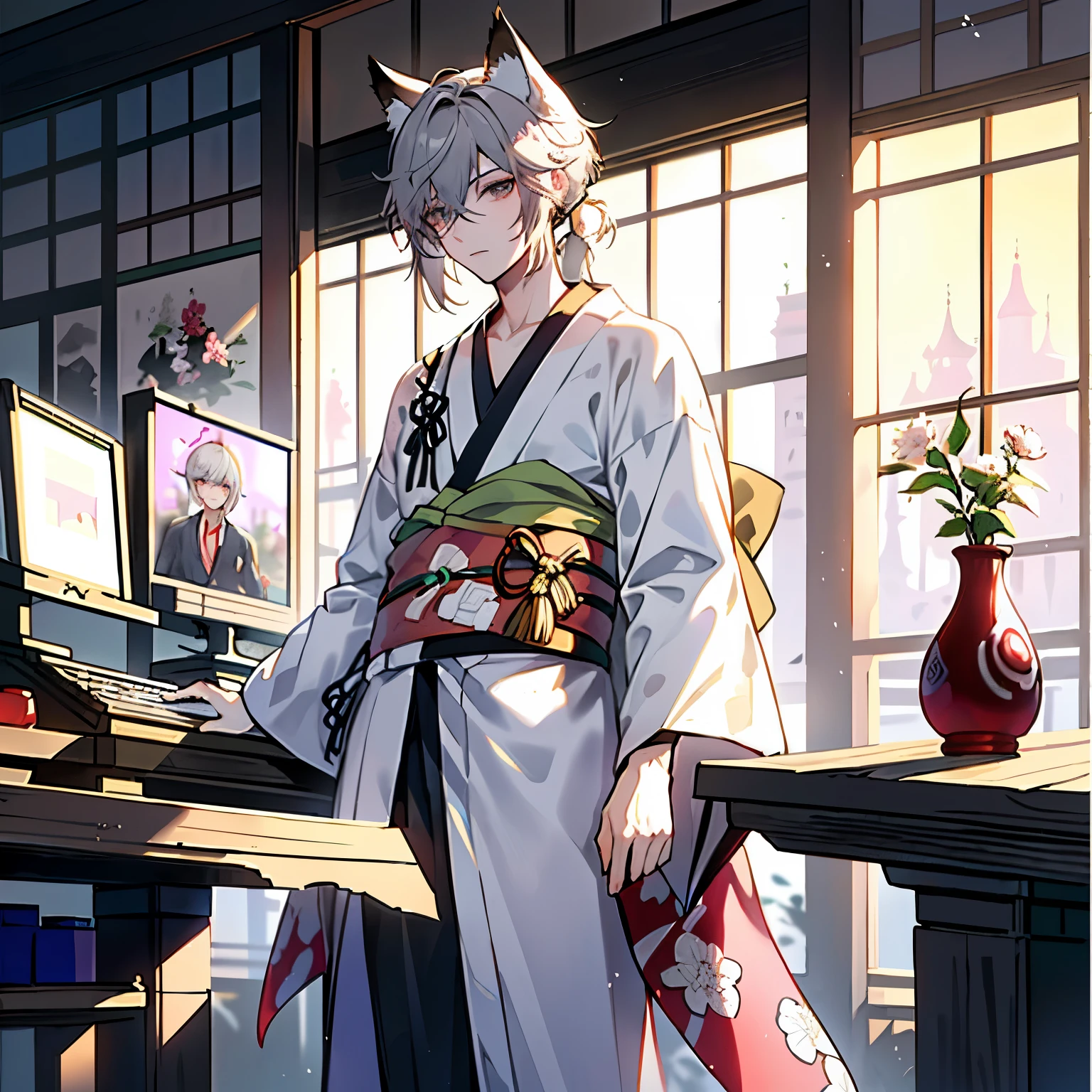 (masterpiece:1.2, highest quality), (Beautiful Eyes: 1.2), ((One boy)), ((alone)), ( Beautiful and vivid background: 1.2), (Very detailedなCG, Very detailed, Best Shadow: 1.1), ((Depth of written boundary)), ((watercolor)), (They are: 1.5), (kimono: 1.3), Beautiful concept art, 
male、handsome、Silver Hair、Shoulder-length hair、Fox Ears、Fox&#39;s Tail、Wearing headphones、A kind face、The voice is low、kimono figure、Wearing a robe、
 (figure: 1.1), (Very delicate: 1.1), (Perfect detail: 1.1)、
lo-fi、Working while looking at a computer