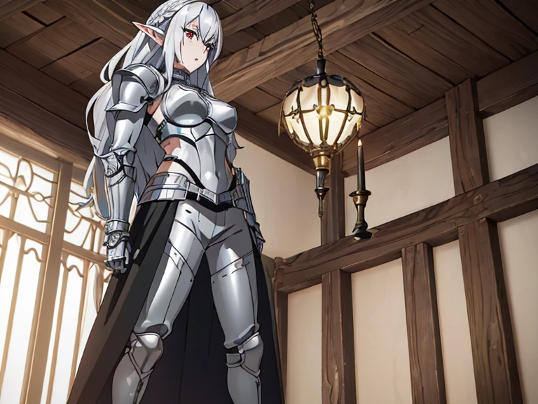 (extremely detailed), (high resolution), (8K), (extremely detailed), (((Half Body Shot))), Beautiful, (Woman Elf), elf woman knight, solo, 1girl, heavy armor, light grey skin mutation, long silver hair, long ears, "solid colored black eyes mutation", black loose pants, medium breasts, knee high leather boots, in a demonic breastplate armor on torso, with bandolier of dagger across torso, holding a black and silver longsword, standing, half body, fantasy,