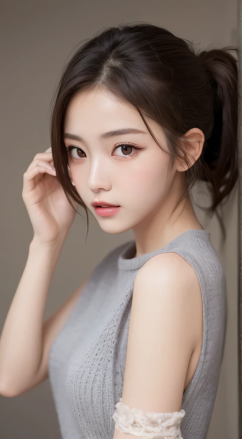 small details, High resolution, high quality、Perfect dynamic composition, beautiful and delicate eyes, medium hair, 、natural color lips,Jobu Riku Cuckoo、20 year old girl、1 person、transparent skin、shining hair、on the table, 最high quality, figure, Super detailed, small details, High resolution, 8k、correct state of the human body、please strike a cute pose,ponytail,,perfect beautiful face,KPOP idol face,There is a feeling of ecstasy on the face,light gray knit dress,background blur,Randomly dressed as a female model&#39;fashion magazine