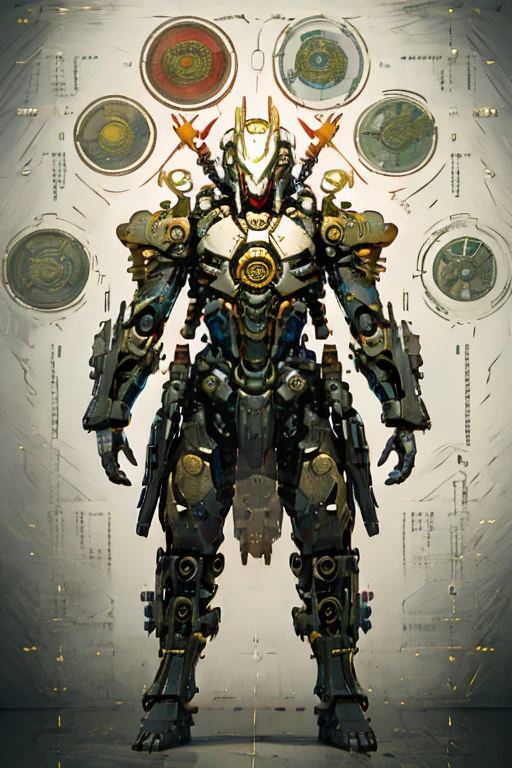 mecha, engineering map, armadura, arma, plano de tres vistas diferentes, arte conceptual experto en alto detalle, 