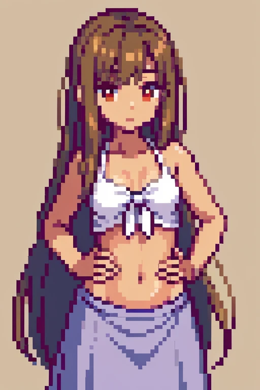 ((best quality)), ((masterpiece)), (detailed), perfect face, tan skinned anime girl in a deep V Neck front-tie top, (bare shoulders), (long skirt), famished in hunger, (gently resting hands on stomach), (long hair), (hands on her stomach)