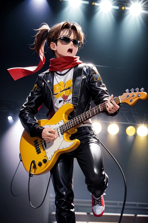 Rody Soul bnha is a young boy with spiky brown hair in a short ponytail gray eyes and sun tanned skin. He wears a red scarf and a pair of sunglasses on his head bad pop Star rock clothing black jacket with yellow rays black latex pants black tennis shoes with yellow rays print holding a yellow and black electric bass while singing in a background of a stage with multiple musical notes yellow tufted horse