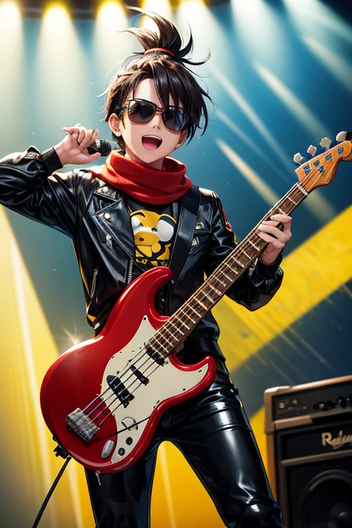 Rody Soul bnha is a young boy with spiky brown hair in a short ponytail gray eyes and sun tanned skin. He wears a red scarf and a pair of sunglasses on his head bad pop Star rock clothing black jacket with yellow rays black latex pants black tennis shoes with yellow rays print holding a yellow and black electric bass while singing in a background of a stage with multiple musical notes yellow tufted horse