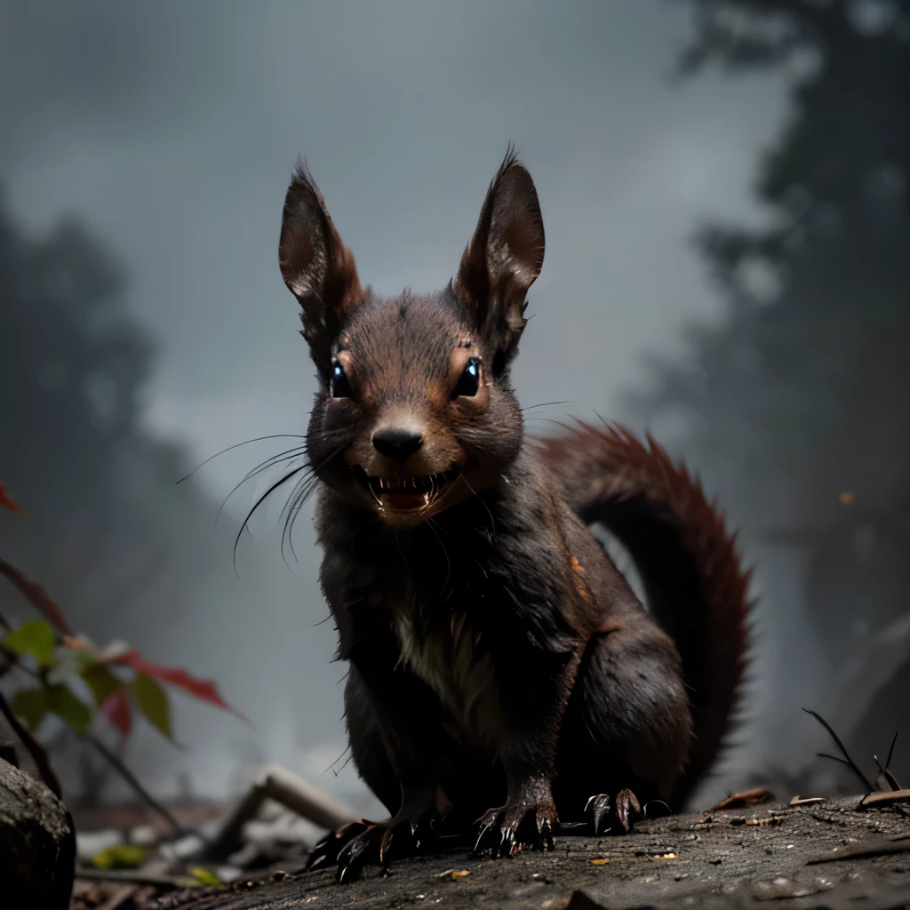 Create a nightmare-inducing demon squirrel with black, cruel Big eyes that exude a menacing glint, their irises a deep, unholy red. Its claws are harsh, sharp, and elongated, designed for tearing and shredding, leaving trails of unholy fire in their wake. The squirrel's Red fur is matted and dirty, stained with dried blood and char, adding to its terrifying appearance. This fierce creature is not to be underestimated, its expression a twisted grin revealing razor-sharp teeth. IT stares directly at the observer, raising one claw in a menacing gesture, its eyes never leaving the viewer's