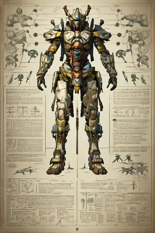 mecha, engineering map, armadura, arma, plano de tres vistas diferentes, arte conceptual experto en alto detalle,
