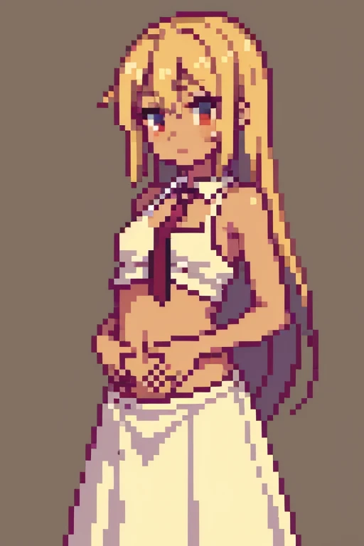 tan skinned anime girl in a deep V Neck front-tie top, (bare shoulders), (long skirt), famished in hunger, (gently resting hands on stomach), (long hair), (hands on her stomach)