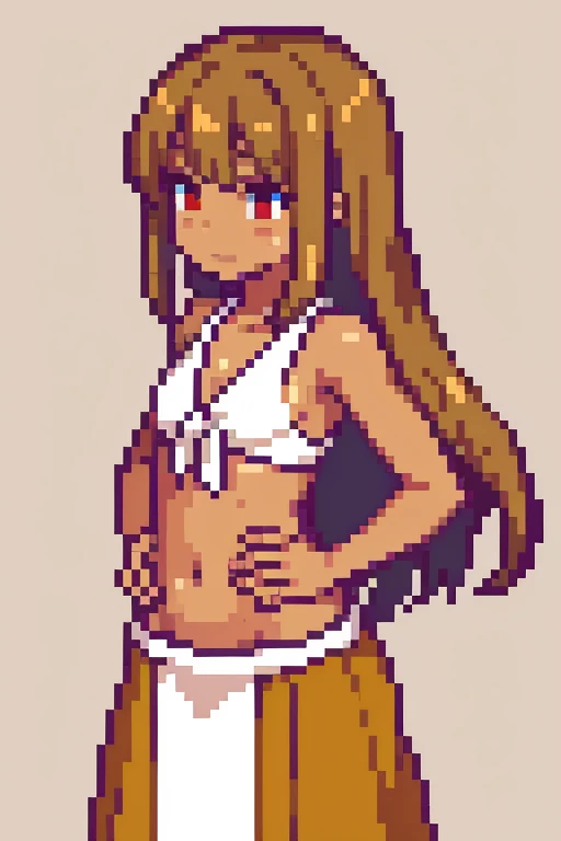 tan skinned anime girl in a deep V Neck front-tie top, (bare shoulders), (long skirt), famished in hunger, (gently resting hands on stomach), (long hair), (hands on her stomach)