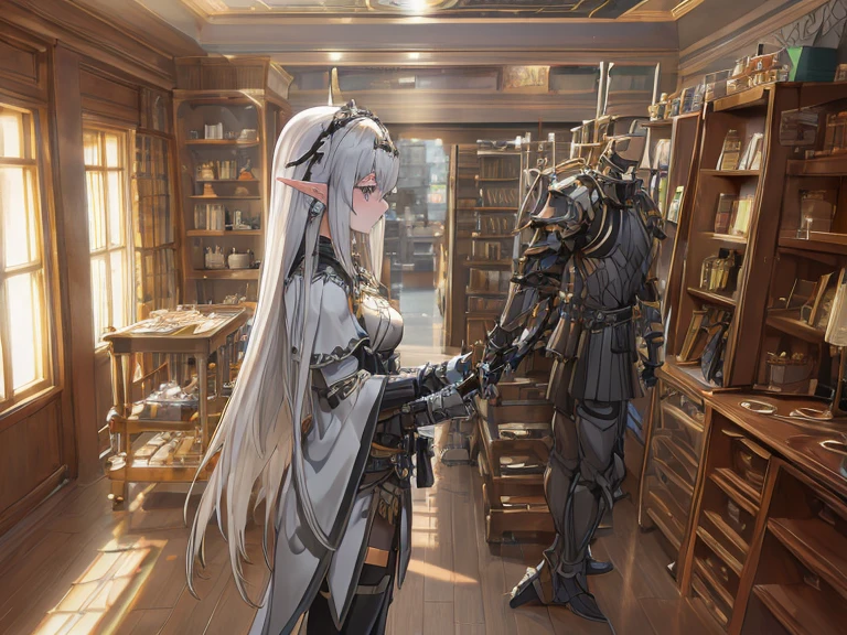 (extremely detailed), (high resolution), (8K), (extremely detailed), (((Half Body Shot))), Beautiful, (Woman Elf), elf woman knight, solo, 1girl, heavy armor, light grey skin mutation, long silver hair, long ears, "solid colored black eyes mutation", black loose pants, medium breasts, indoors, heavy armor, with bandolier of dagger across torso, holding a black and silver longsword, standing, half body, fantasy,