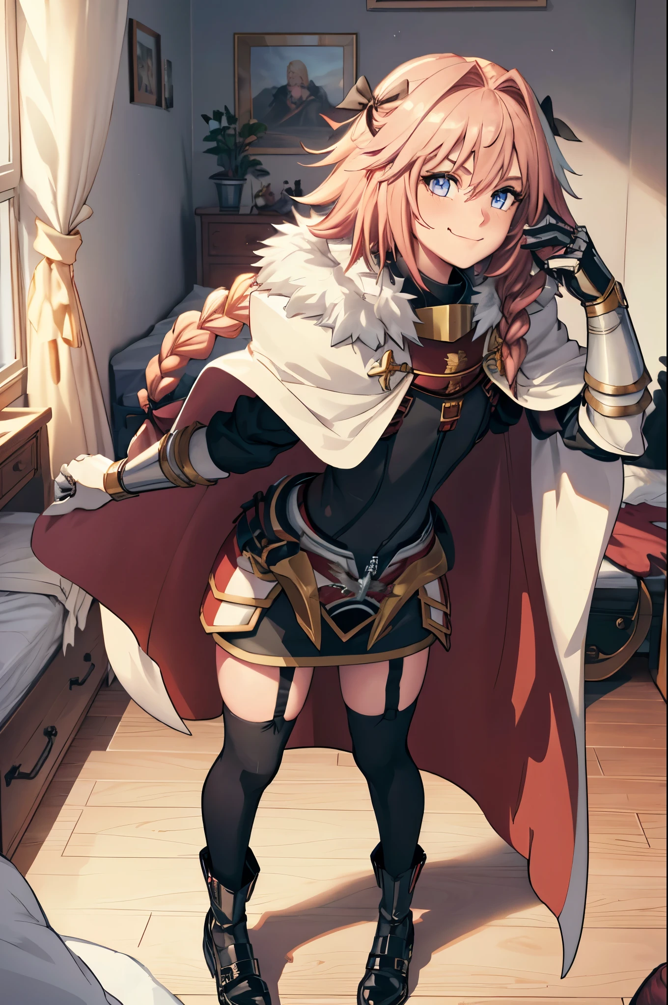 1 girl, (flat chest, perfect face, perfect eyes), (astarmor, single braid, long braid, cape, gauntlets, garter straps, thighhighs, black footwear), (standing, indoors, bedroom, smiling), (high res, ultra sharp, 8K, masterpiece, perfect lighting, best quality, ultra detailed)