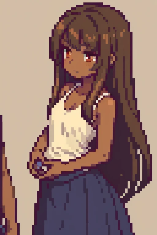 ((best quality)), ((masterpiece)), (detailed), perfect face, brown skin anime girl in a deep V Neck top, (bare shoulders), (long skirt), famished in hunger, (gently resting hands on stomach), (long hair), (hands on her stomach), (embarrassed expression)