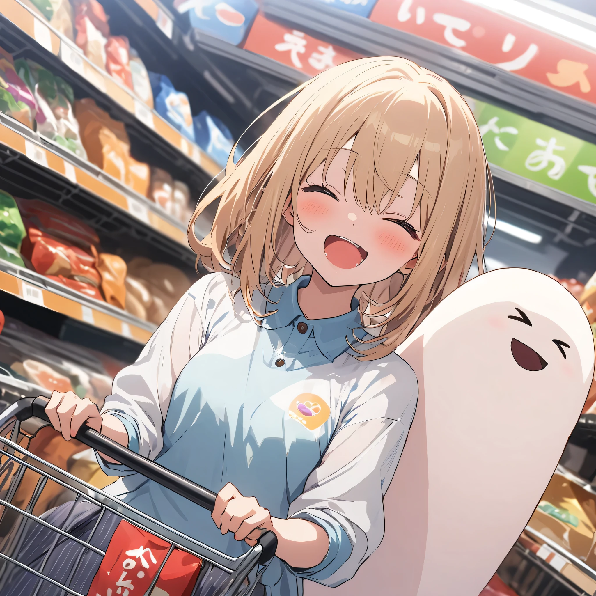 (Cute Obake:1.4)、(Little), (shopping cartにオバケが乗っている)、(shopping cart:1.2)、Shopping at the supermarket、Shopping cart moves at high speed on its own、, BREAK,(highest quality、masterpiece、High resolution、detailed)、anime style、Flat Style、(Enjoying expression), BREAK,extremely detailed、Fun Themes、Dynamic Angle、anime