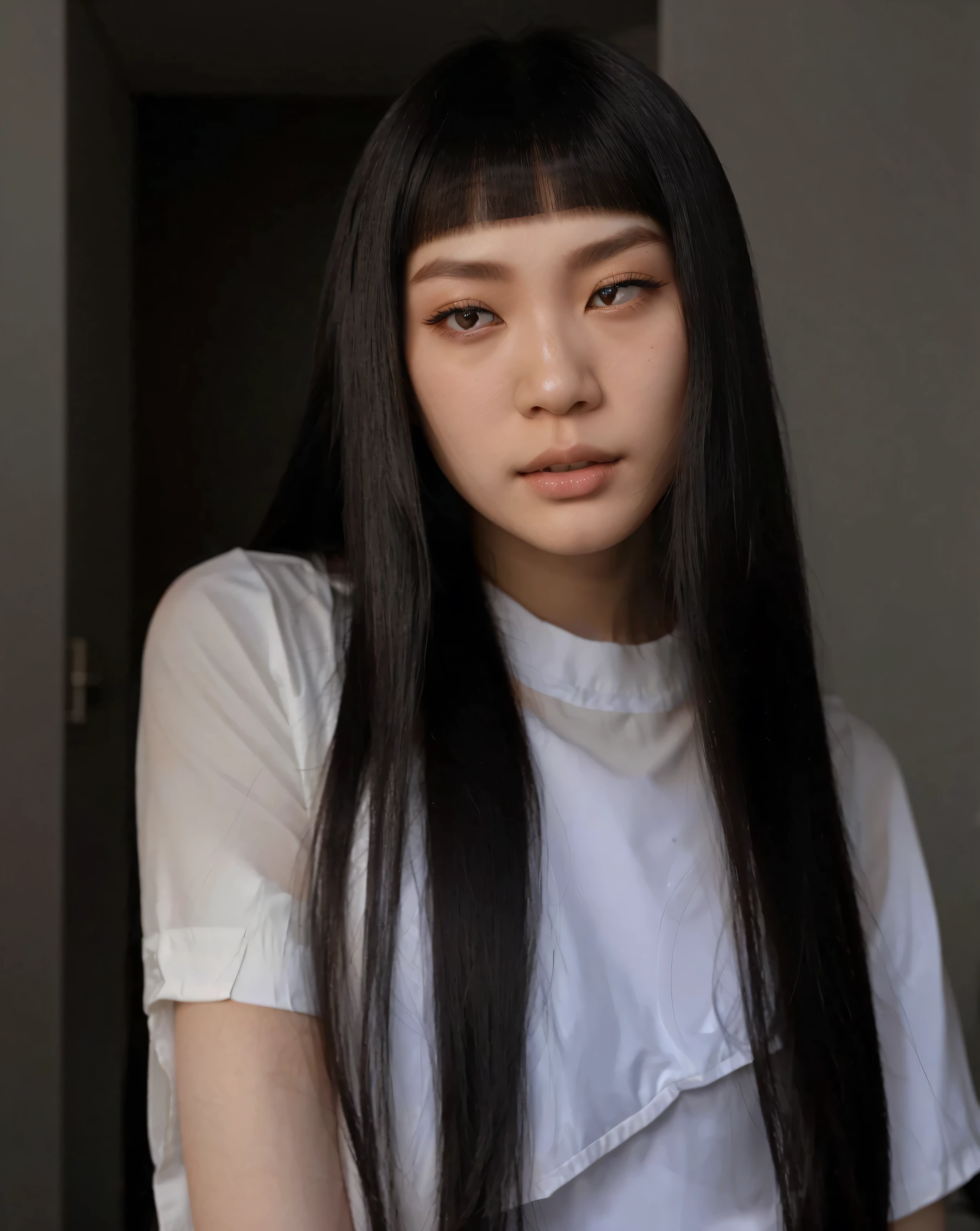 Shaggy Asian woman with long black hair and white shirt, cabelo longo com franja completa, cabelo preto longo com franja, corte de cabelo preto hime, o corte Hime, Asian with long hair, Sui Ishida com cabelo preto, cabelo longo com franja, franja longa e reta, penteado com corte hime branco, inspirado em Ito Shinsui