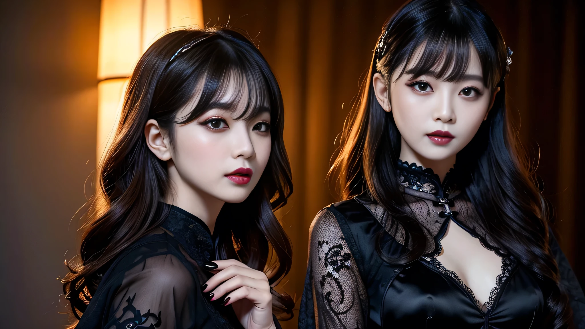 One woman、best quality、ultra-detailed、4k、Japanese、Seductive beauty、seductive adult woman、Pretty Woman、cool girl、Villainess、Brainwash、Fallen into evil、smirk、Evil look、Wicked Smile、evil、Brown hair、wavy hair、swept bangs、dark makeup、dark makeup、piercing eyes、hollow eyes,half-closed eyes、Hollow Eyes、Purple Eyeshadow、black lipstick、black lipglos、Lace fabric、Long Black Cheongsam、Wide sleeves、night、inside darkroom、have、Emblem of Evil、Crest of Darkness、Swear allegiance、I have pledged my allegiance、Dye black、Blackening、Stained with evil、Dyed in darkness、Seduce