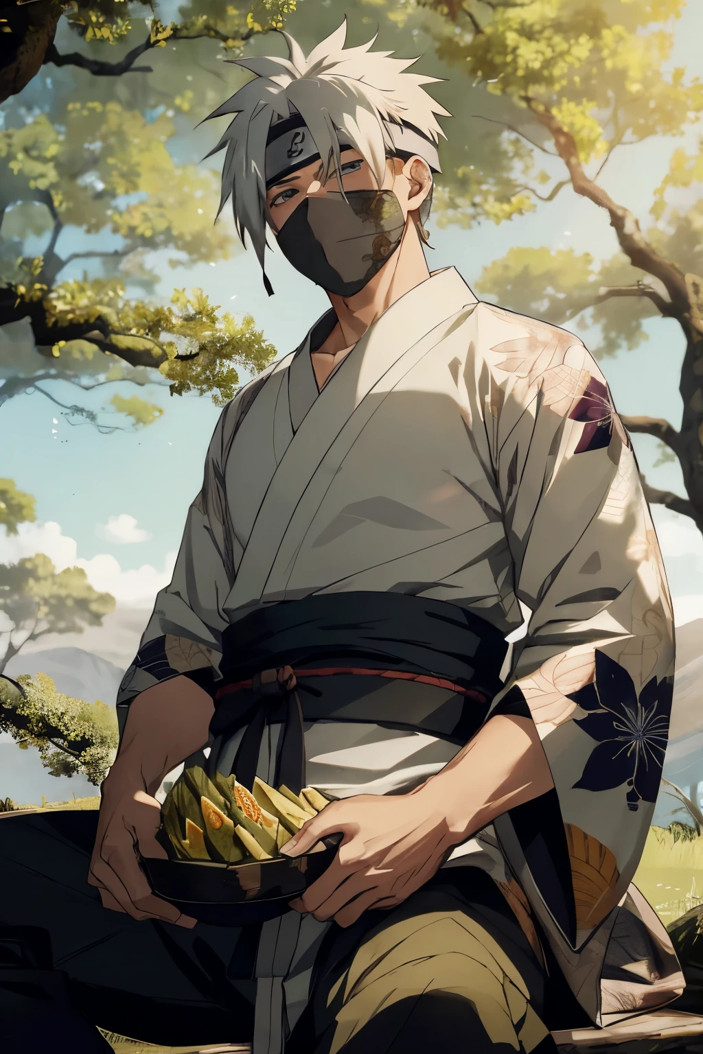 Kakashi Hatake, the renowned shinobi from Naruto, can be seen resting under a ancient, gargantuan tree during a tranquil picnic session, all by himself. He is dressed in an elegant and exquisite kimono that complements his brooding demeanor, the fabric subtly shimmering with intricate patterns in the dappled sunlight. His sharp gaze pierces through the lush foliage, lost in deep thought while munching on traditional Japanese delicacies. The intricately tied obi around his waist emphasizes his slim yet agile build, further showcasing the dedication and precision that defines him as a master of his craft