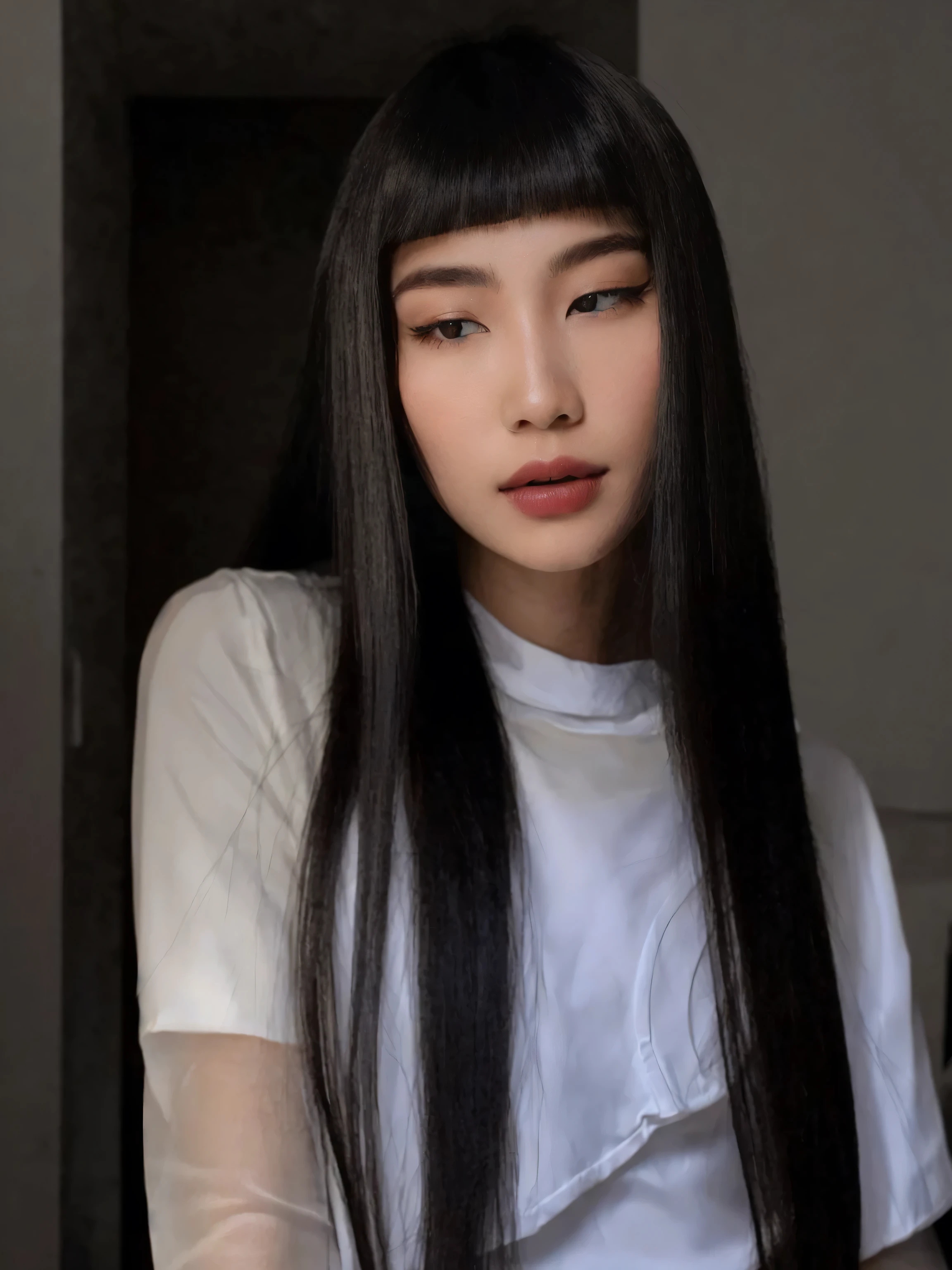 Shaggy Asian woman with long black hair and white shirt, cabelo longo com franja completa, cabelo preto longo com franja, corte de cabelo preto hime, o corte Hime,  Asian with long hair, Sui Ishida com cabelo preto, cabelo longo com franja, franja longa e reta, penteado com corte hime branco, inspirado em Ito Shinsui