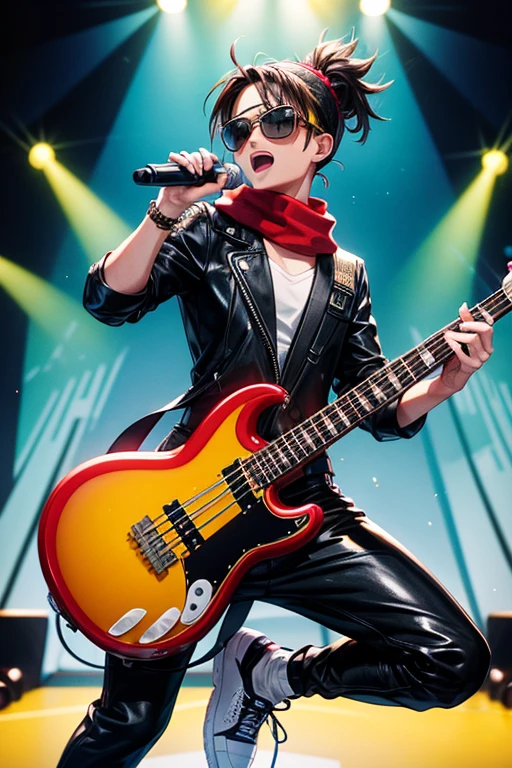  Rody Soul bnha is a young boy with spiky brown hair in a short ponytail gray eyes and sun tanned skin. He wears a red scarf and a pair of sunglasses on his head bad pop Star rock clothing black jacket with yellow rays black latex pants black tennis shoes with yellow rays print holding a yellow and black electric bass while singing in a background of a stage with multiple musical notes yellow tufted horse