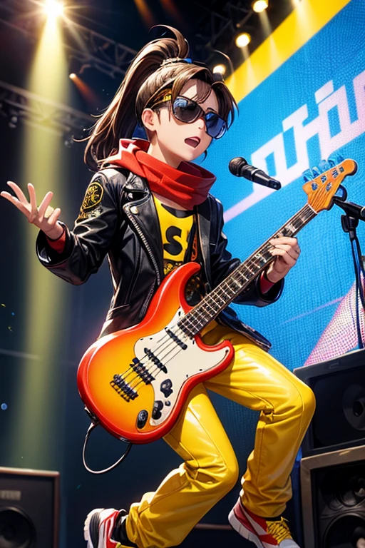 Rody Soul bnha is a young boy with spiky brown hair in a short ponytail gray eyes and sun tanned skin. He wears a red scarf and a pair of sunglasses on his head bad pop Star rock clothing black jacket with yellow rays black latex pants black tennis shoes with yellow rays print holding a yellow and black electric bass while singing in a background of a stage with multiple musical notes yellow tufted horse