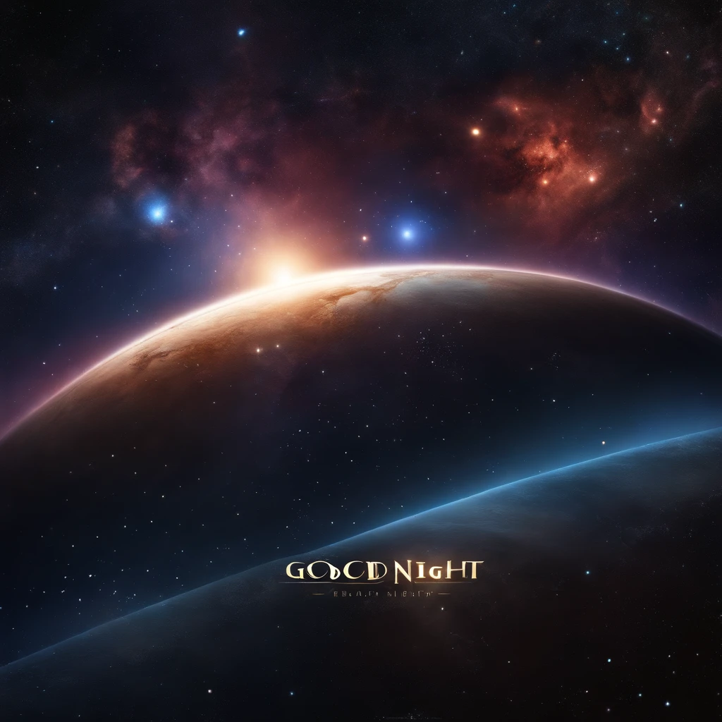 Realistic space beautiful planets stars and stellar nebulae,
In the center there is an inscription made of stars,
written "Good night "